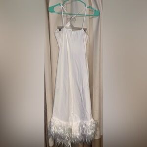 Chic One Shoulder White Dress with Feather Hem